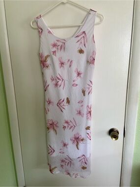 Reitmans White Midi Dress with Pink Floral and Tan Accents
